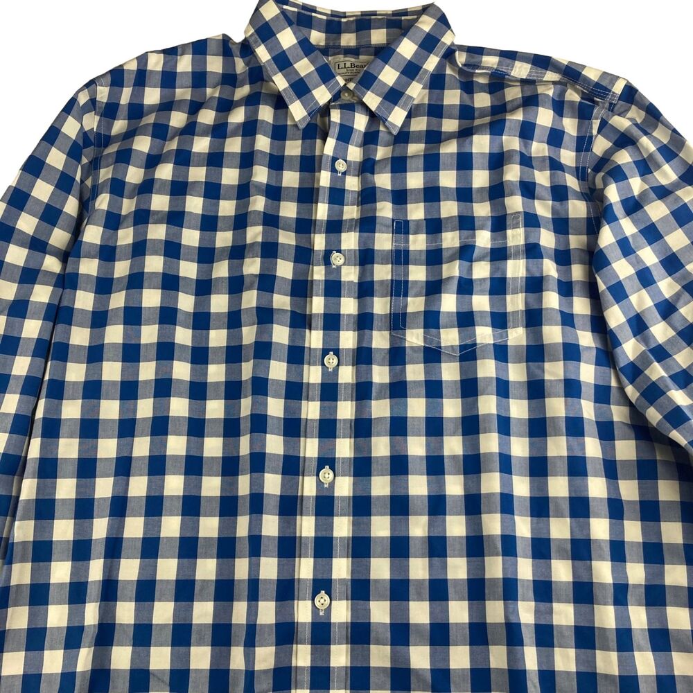 L.L.Bean Men’s Large Regular Fit Blue White Gingham Button Down Shirt Cotton